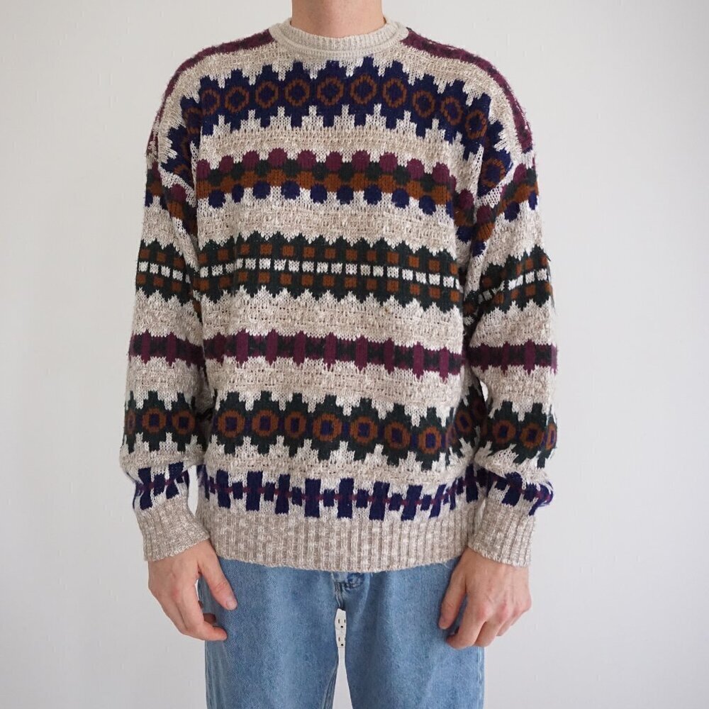 Vtg '80S Ash Creek Taupe Purple Cosby Biggie Eclectic Crewneck Knit Sweater XL